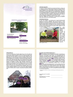 Vier Seiten eines deutschen Portfolio-Zertifikats mit Text, offiziellen Logos und Fotos von Schülern, die im Garten arbeiten und mit einer Schaufel in der Hand vor einem Haus stehen.