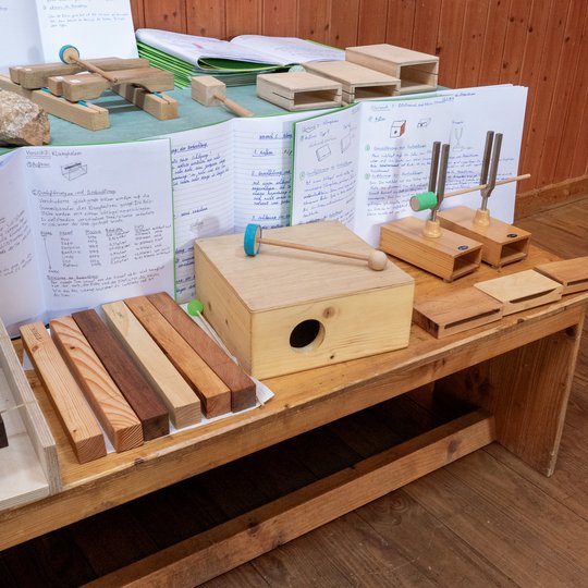 Auf einem Holztisch in einem Klassenzimmer mit Holzwänden und -boden sind Lernhilfen aus Holz, Bausteine und wissenschaftliche Notizen ausgestellt. Im Hintergrund sind verschiedene Instrumente und handschriftliche Notizen zu sehen.