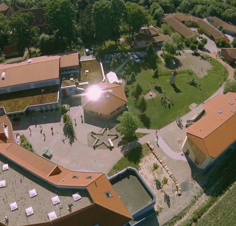 Luftaufnahme eines Schulgeländes mit Gebäuden mit roten Dächern, grünen Rasenflächen, Bäumen und Menschen, die an einem sonnigen Tag draußen spazieren gehen.