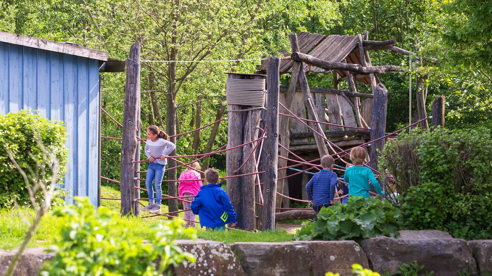 Kinder spielen auf einem Klettergerüst aus Holz mit Seilen auf einem Spielplatz im Freien, der von Grünflächen und Sonnenlicht umgeben ist. Links ist ein blaues Gebäude zu sehen.