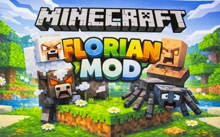 Farbenfrohe Grafik aus dem „Minecraft Florian Mod“ mit blockartigen Schafen, Kühen, Spinnen und Golems auf grasbewachsenem Gelände, umgeben von Bäumen, Wasser und blauem Himmel.