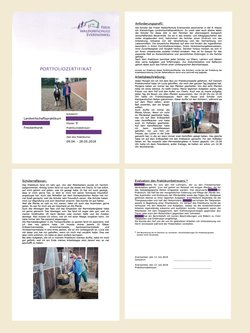 Ein vierseitiges Portfolio-Zertifikat mit Textabschnitten, Fotos eines Schülers mit Kühen und bei der Arbeit im Stall sowie Angaben zur Schule und zum Praktikum, dargestellt auf cremefarbenem Hintergrund.