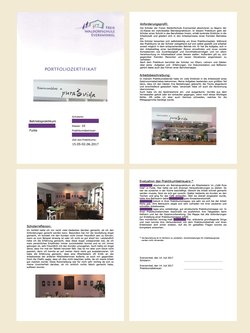 Portfolio-Zertifikat in deutscher Sprache für ein studentisches Praktikum bei „pura vida“ in Fulda, einschließlich Textabschnitten, Bewertung, Anforderungen, Aufgaben, Feedback des Praktikanten sowie zwei Fotos aus den Räumlichkeiten des Unternehmens.