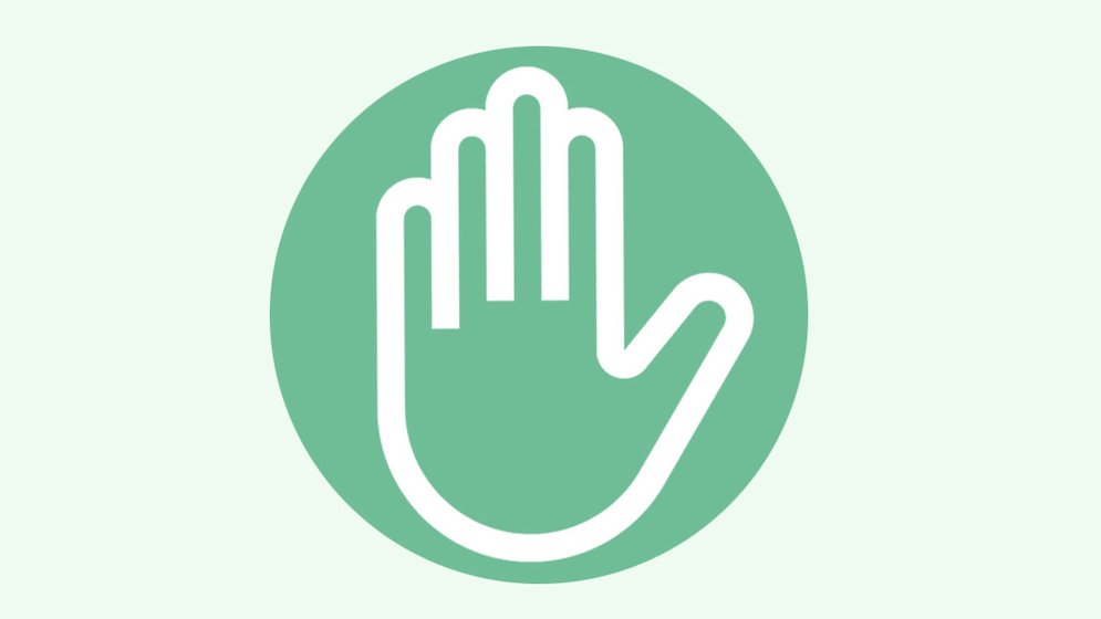 Weißer Umriss einer erhobenen Hand, zentriert in einem grünen Kreis auf hellem Hintergrund, als Symbol für eine Stopp- oder Warnbewegung.